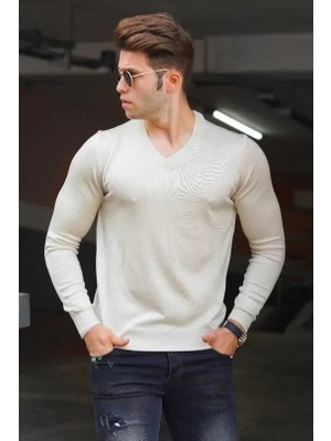 Giyim Center Erkek V Yaka Kazak Uzun Kol Düz Dokuma Triko - Krem
