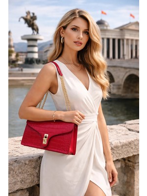 Duki Daso Türkiye Kırmızı Gold Kilit Detaylı Kroko Kadın Omuz Çantası | Kırmızı MT1554