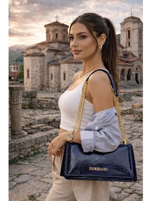 Duki Daso Türkiye Mavi Rugan Zincir Detaylı Kadın Omuz Çantası | Mavi MT1451