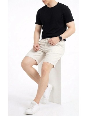 Giyim Center Erkek Keten Kumaş Cepli Rahat Kesim Bel Lastikli Şort - Beyaz