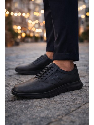 Grado Hakiki Deri Erkek Siyah Battal Boy Spor Ayakkabı Comfort Rahat Kalıp