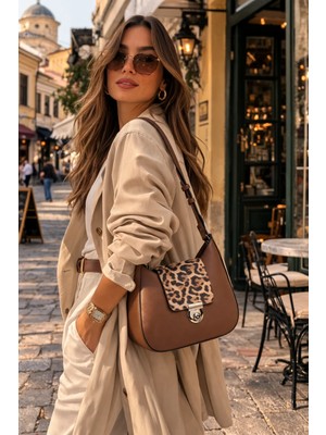 Duki Daso Türkiye Kahverengi Leopar Desenli Kapaklı Kadın Omuz Çantası | Kahverengi MT1572