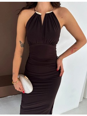 Giyim Center Kadın Uzun Abiye Elbise Yırtmaçlı Sırt Dekolteli Şık Gece Elbisesi - Kahverengi