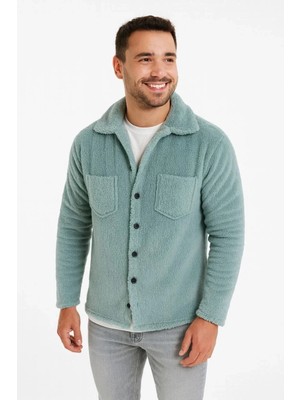 Giyim Center Erkek Pelüş Polar Hırka Gömlek Yakalı Ilik Düğmeli Göğüs Cepli Yumuşak - Bebe Mavisi