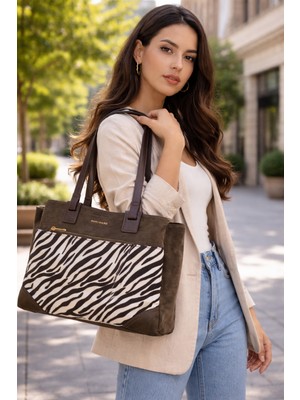 Duki Daso Türkiye Kahverengi Zebra Desen Ön Cepli Kadın Omuz Çantası | Kahverengi T8346