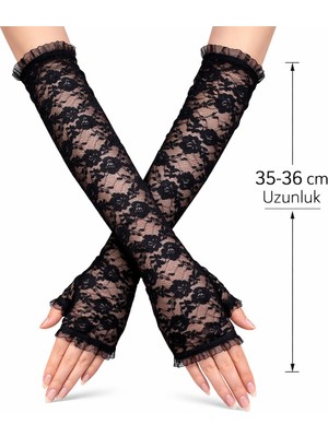 AyrStore Uzun Zarif Dantel Eldiven Parmaksız Siyah 35 cm