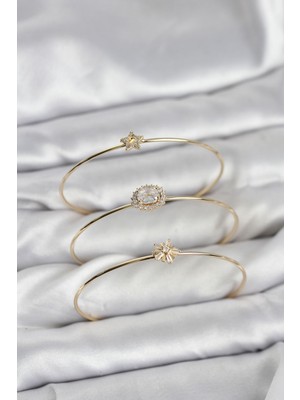 AyrStore Zirkon Taşlı Gold Renk Tek Taş Model 3'lü Kadın Bileklik Kombini