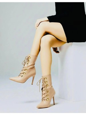 Felisya Butik Bej Topuklu Bot Gold Halka Detaylı 10CM-FELİSYA Butik