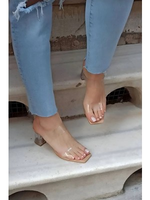 Felisya Butik Lena Kadın Nude Ten Şeffaf Çift Bant Şeffaf Topuklu Terlik