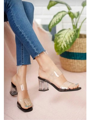 Felisya Butik Lena Kadın Siyah Şeffaf Çift Bant Şeffaf Topuklu Terlik