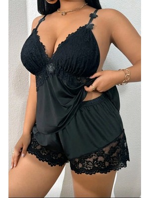 Felisya Butik Büyük Beden Dantel Dekolteli Yüksek Bel Şort Bluz Takım