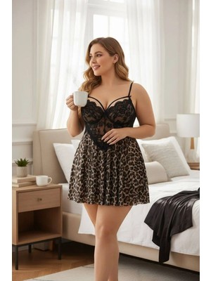 Felisya Butik Leopar Desenli Büyük Beden Gecelik Kulot Takım