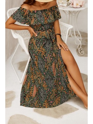 Çamaşır Kenti Kadın Kısa Kollu Madonna Yaka Fırfırlı Belden Yırtmaçlı Maksi Süprem Elbise