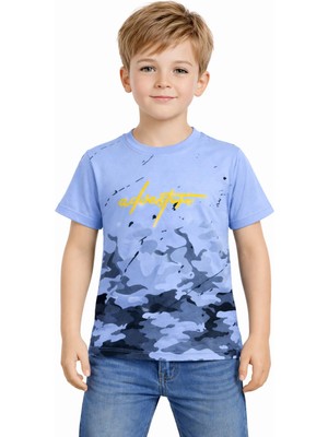 Barkod Kids Erkek Çocuk Adventure Yazılı Kamuflaj Desenli Mavi Renk Tişört