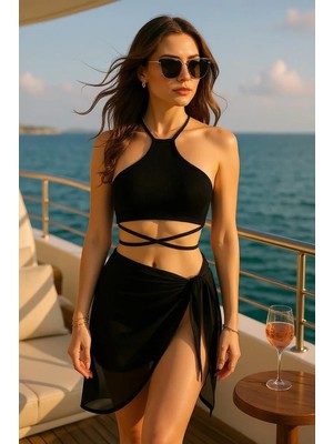Fantastik Store Kadın Siyah Çapraz Bağlamalı Crop ve Pareo 2'li Set – Modern ve Şık Tasarım
