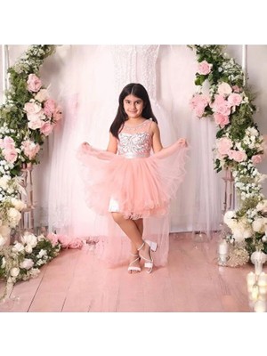 Çiçek Fistolu Kuyruklu Kız Çocuk Abiye Elbise 5-10 Yaş