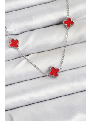 AyrStore 316L Çelik Zincir Gümüş Renk Kırmızı Baby Boy Yonca Kadın Kolye