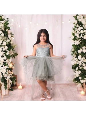 Çiçek Fistolu Kuyruklu Kız Çocuk Abiye Elbise 5-10 Yaş