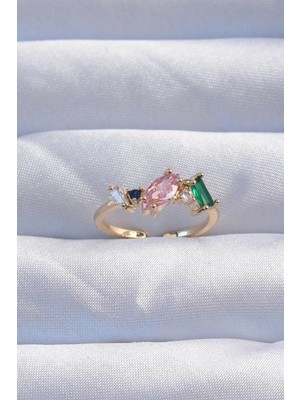 Skygo Pirinç Gold Renk Renkli Zirkon Taşlı Ayarlanabilir Yüzük - TJ-BYK3237