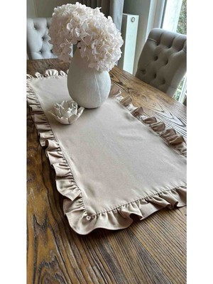 Ayzen Home Kadıfe Dokulu Vintage Fırfırlı Runner Fırfır Dahil Ölçüsü 40CM x 120 cm