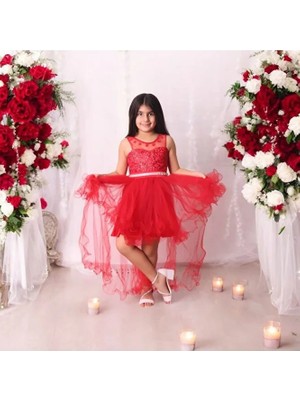 Çiçek Fistolu Kuyruklu Kız Çocuk Abiye Elbise 5-10 Yaş