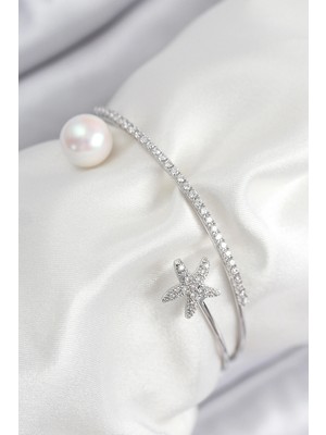 AyrStore Pirinç Zirkon Taşlı Yıldız ve Inci Model Gümüş Renk Kadın Bileklik