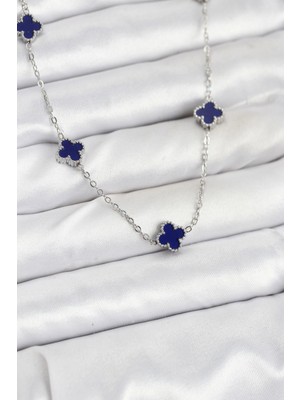 AyrStore 316L Çelik Zincir Gümüş Renk Lacivert Baby Boy Yonca Kadın Kolye