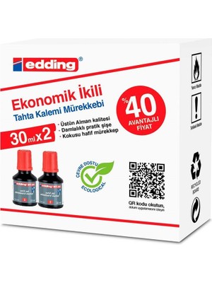 Edding Bt30 Tahta Kalem Mürekkebi Damlalıklı Ekonomik 30 Ml Kırmızı (2 Li Paket)