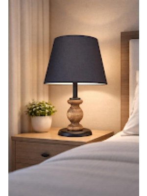 Dede Avize Mimbre Siyah Abajur Doğal Ahşaplı Siyah Abajur Şapkalı