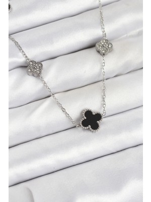 AyrStore 316L Çelik Zincir Gümüş Renk Siyah ve Zirkon Taşlı Yonca Kadın Kolye