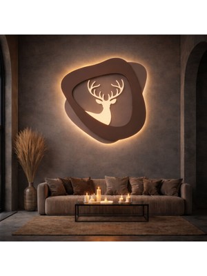 Ledli Geyik Duvar Dekoru 50 x 45 cm Ahşap 3D Ev, Ofis, Çocuk Odası Dekorasyonu