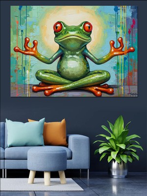 Tablomega Yoga Yapan Yeşil Komik Kurbağa Dekoratif Kanvas - Mdf Ahşap Tablo