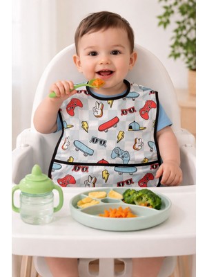 Tuem Baby Gramer Desenli Arkadan Bağlamalı Sıvı Geçirmez Mama ve Aktivite Önlüğü