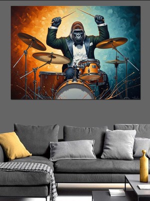 Tablomega Bateride Davul Çalan Karizmatik Goril Dekoratif Kanvas - Mdf Ahşap Tablo