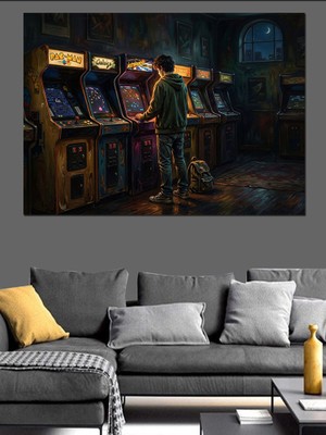 Tablomega Retro Oyun Salonu ve Makineler Dekoratif Kanvas - Mdf Ahşap Tablo