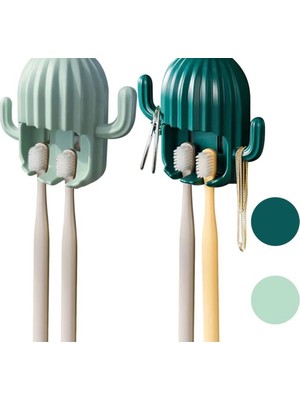 Yakut Kaktüs Figürlü Yapışkanlı Diş Fırçalık ve Çok Amaçlı Banyo Askısı - Matkap Gerektirmez Duvar Organizer