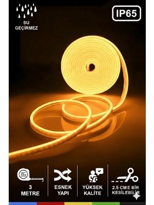 Led Level 12 Volt 3 Metre Gün Işığı Amber Neon Şerit LED Esnek Silikonlu+Adaptör +Anahtarlı