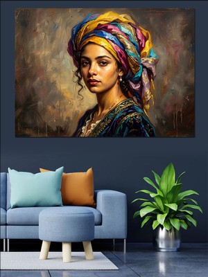 Tablomega Renkli Türbanlı Asil Kadın Portresi Dekoratif Kanvas - Mdf Ahşap Tablo