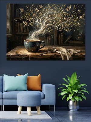 Tablomega Kitaplar Üzerinde Dumanı Tüten Kahve Dekoratif Kanvas - Mdf Ahşap Tablo