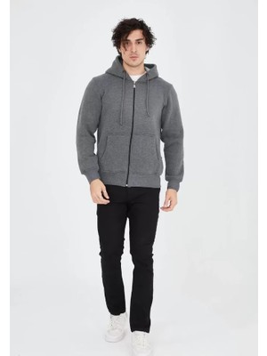 Infivento Unisex Tam Fermuarlı Kapşonlu  Sweatshirt - Füme