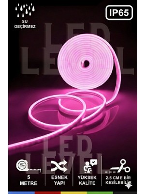 Led Level 12V Neon LED Şerit Pembe Işık Neon LED 5 Metre Prize Tak Çalıştır Anahtarlı +Adaptörlü