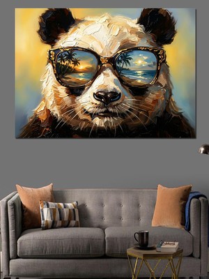 Tablomega Gözlüklü ve Plaj Yansımalı Panda Dekoratif Kanvas - Mdf Ahşap Tablo