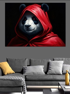 Tablomega Kırmızı Kapüşonlu Karizmatik Panda Portresi Dekoratif Kanvas - Mdf Ahşap Tablo