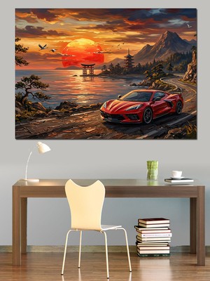Tablomega Gün Batımında Sahilde Spor Araba Dekoratif Kanvas - Mdf Ahşap Tablo