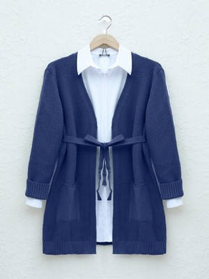 Modamorfo Bağcıklı Prinç Örgü Triko Hırka   -Indigo