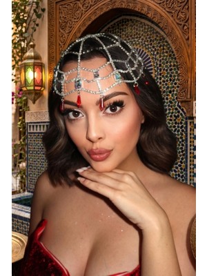 Zurafa Shop Gümüş Renk Kırmızı Taş Detaylı Saç Aksesuarı/ Kına Aksesuarı
