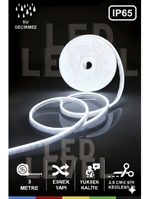 Led Level 12 Volt 3 Metre Beyaz Neon Şerit LED Esnek Silikonlu+Adaptör +Anahtarlı