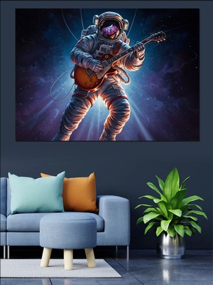 Tablomega Uzayda Gitar Çalan Modern Astronot Dekoratif Kanvas - Mdf Ahşap Tablo