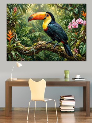 Tablomega Tropikal Ormanda Renkli Tukan Kuşu Dekoratif Kanvas - Mdf Ahşap Tablo
