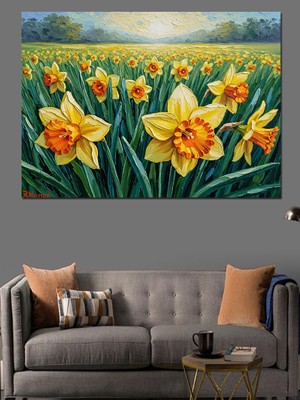 Tablomega Çayırda Açmış Sarı Nergis Çiçekleri Dekoratif Kanvas - Mdf Ahşap Tablo